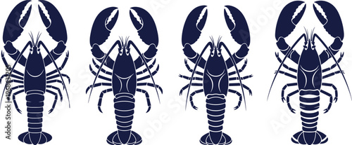 Set of Detailed Lobster Silhouettes Featuring Sharp Claws and Marine Crustacean Anatomy for Seafood Restaurant Logos and Ocean Life Vector Design