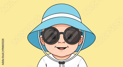 A stylized illustration of a smiling baby wearing a sun hat and dark sunglasses