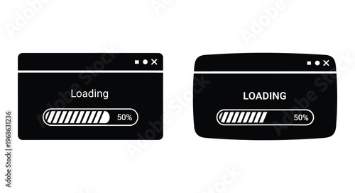 Two browser windows display a loading progress bar at fifty percent rendered as a striking black silhouette high quality professional detailed