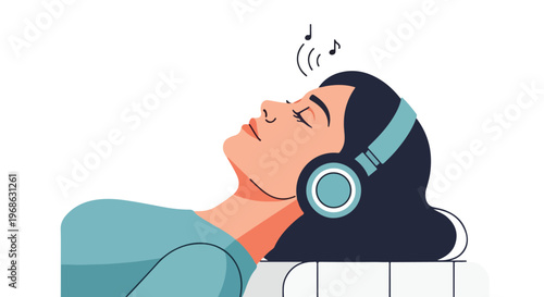 A young woman with dark hair lying down and relaxing while wearing headphones