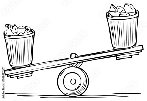 Conceptual illustration of balancing buckets, weighing scales, and comparing object quantities.