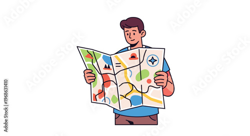 Young Man Looking at a Paper Map for Travel Navigation