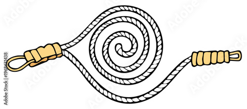 Rope coil with handle and loop for sport or rescue equipment in a simple drawing style illustration