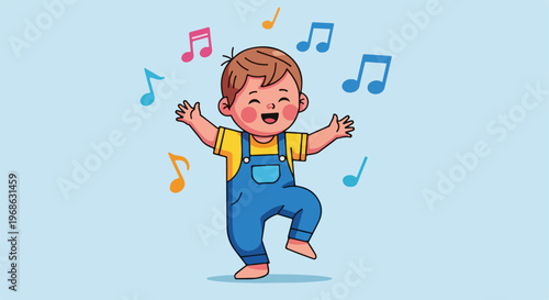 A joyful young boy in yellow shirt and blue overalls dancing with music notes