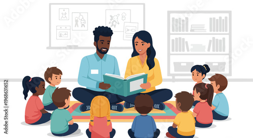 Diverse teachers reading a storybook to a group of children in a classroom