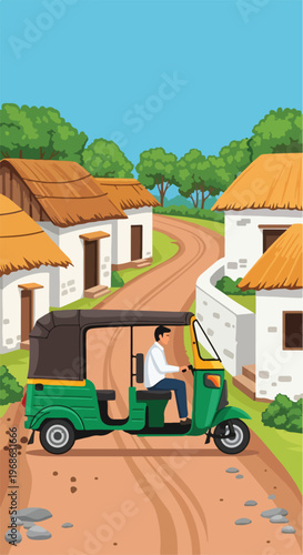 A man driving a green motorized rickshaw through a village with thatched houses