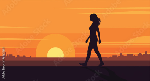 A silhouette of a woman walking against a vibrant orange sunset and cityscape