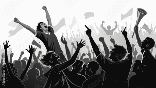 Energetic Crowd Cheering – Dark Green Neon Concert Scene Illustration