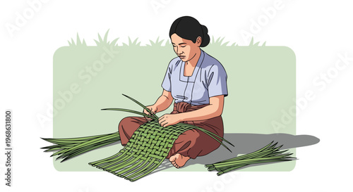 A woman sitting on the floor weaving green palm leaves into a mat by hand
