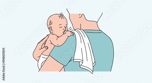 An adult holds a newborn baby against their shoulder with a cloth for burping