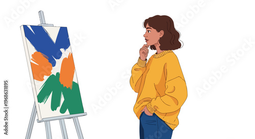 Young Woman Artist Observing Her Abstract Painting on an Easel