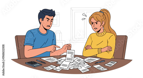 An angry couple arguing over piles of paperwork and bills at a wooden table