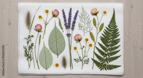 Collection of dried pressed flowers and leaves arranged meticulously on white paper, showcasing diverse botanical specimens for crafting.