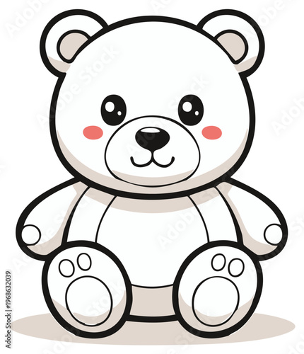 Cartoon teddy bear character with blush cheeks sitting in upright position in vector illustration