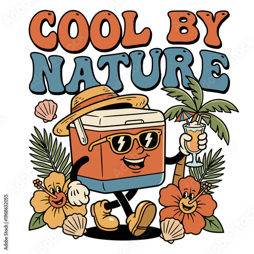 Anthropomorphic cooler with sunglasses holds tropical drink in summer scene