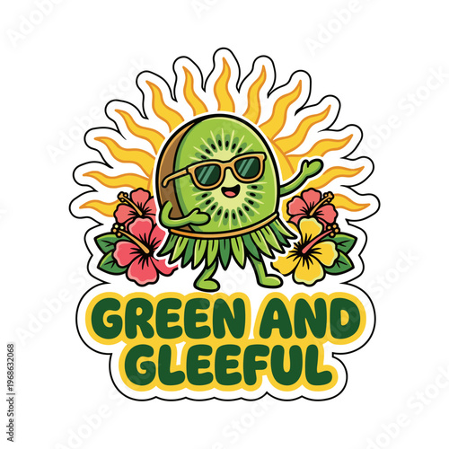Anthropomorphic kiwi character dancing in the sun with flowers