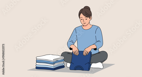 A woman sitting on the floor and carefully folding a stack of clean laundry