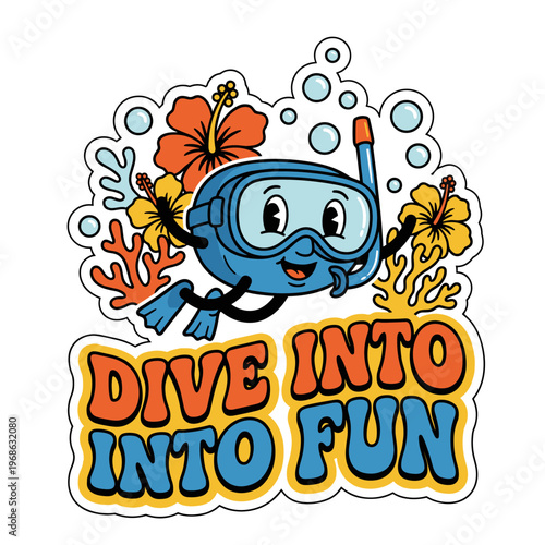 Happy snorkel mask character diving with flowers and bubbles
