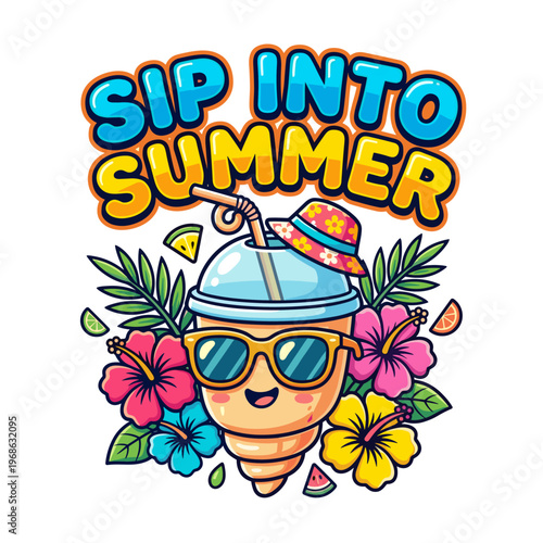 Anthropomorphic seashell drink with sunglasses and tropical flowers