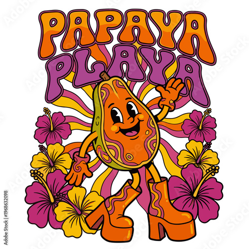 Anthropomorphic papaya character with "PAPAYA PLAYA" text and flowers