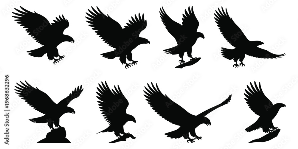 Fototapeta premium Eagle silhouettes showing flight and perching positions, wildlife vector, nature illustration, outdoor and design concept.