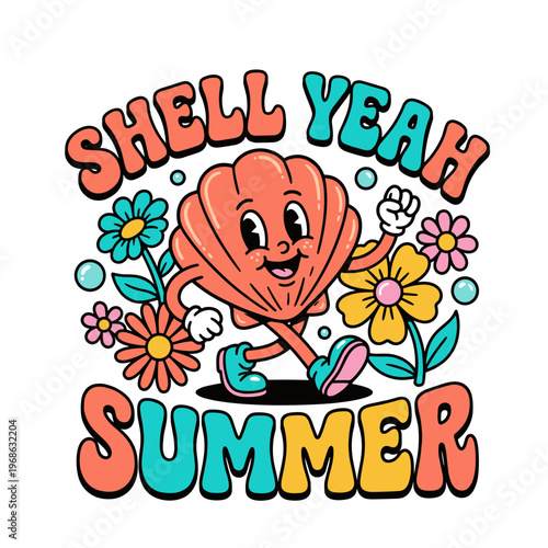 Anthropomorphic seashell character dancing with flowers and bubbles