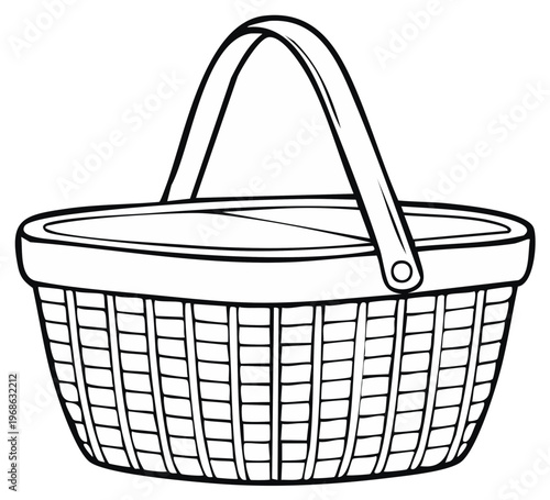 Outline of a Woven Picnic Basket with Handle Isolated on White