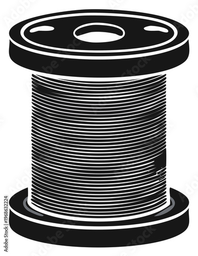 Black silhouette of a detailed spool of thread for sewing and crafting applications