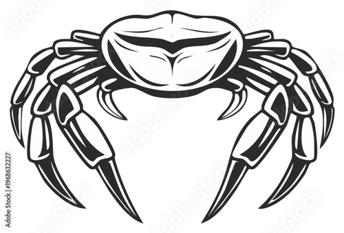 Stylized Black and White Crab Illustration with Sharp Claws and Legs