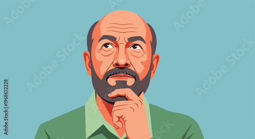 A thoughtful mature man with a beard rests his hand on his chin, looking upward