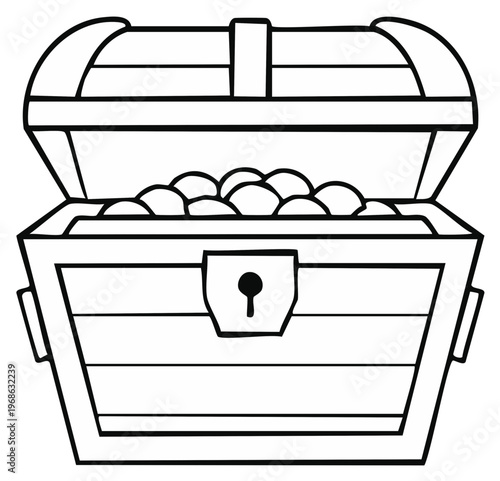 Open treasure chest filled with gold coins and jewels simple line art illustration