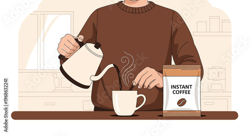 Man pouring hot water into coffee cup next to instant coffee packet