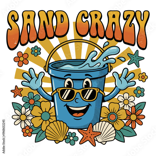Anthropomorphic bucket character with "Sand Crazy" text, splashing water