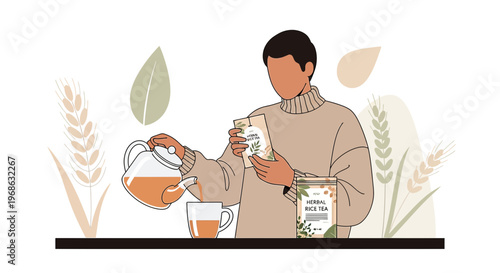 Man Pouring Herbal Tea From Teapot into Cup, surrounded by botanical elements