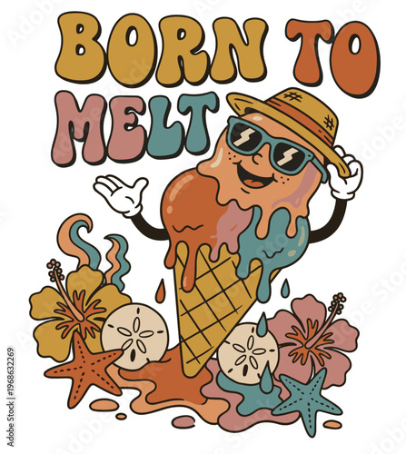 Groovy ice cream cone character enjoying summer with flowers and seashells