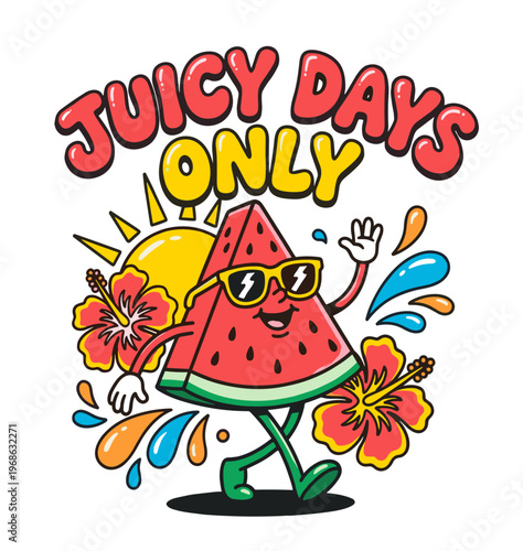 Cartoon watermelon character with sunglasses and hibiscus flowers