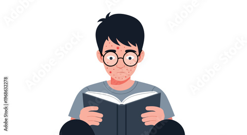 A teenage boy with acne wearing glasses reading a book on a plain background