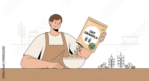 Man Pouring Oat Granola Cereal into Bowl: Healthy Breakfast Illustration