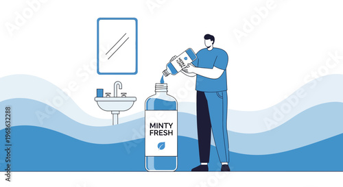 Man Pouring Mouthwash into Bottle, Bathroom Hygiene, Minty Fresh Breath