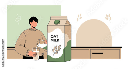 Man pouring oat milk into glass next to carton, flat illustration