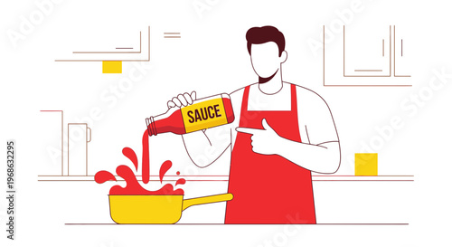 Man Pouring Sauce from Bottle into Pot, Cooking Food in Kitchen, Flat Design