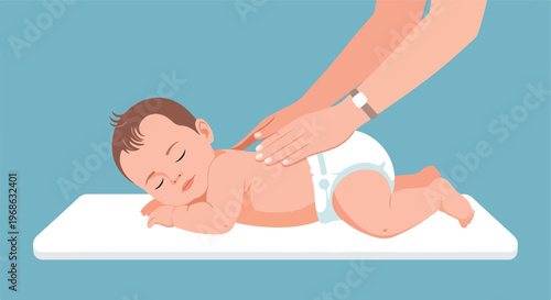 A parent gently massages the back of a small baby resting on a white surface