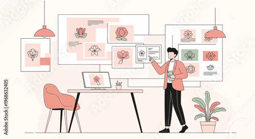 Man Presenting Floral Designs in Modern Office with Digital Screens and Art