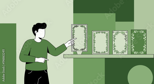 Man Presenting Decorative Floral Frames on Shelf, Green Palette
