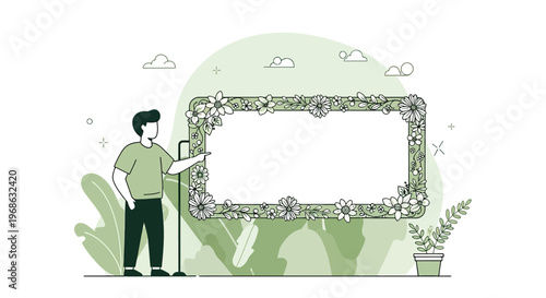 Man Presenting Floral Frame Billboard with Blank Space for Text