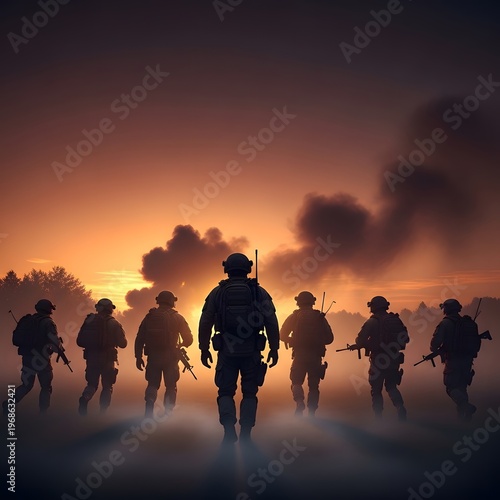 Back view of a group of soldiers walking through a foggy battlefield at dawn, heavy gear silhouettes, dramatic orange sky, smoke in the distance, cinematic lighting, no faces visible