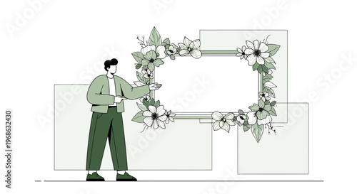 Man Presenting Floral Frame with Flowers and Leaves - Elegant Border Design