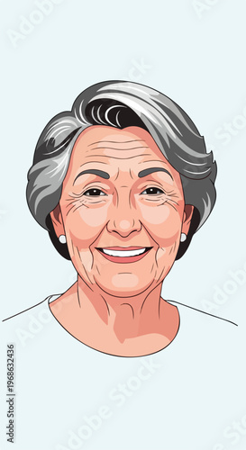 A friendly illustrated portrait of a happy elderly woman with short grey hair