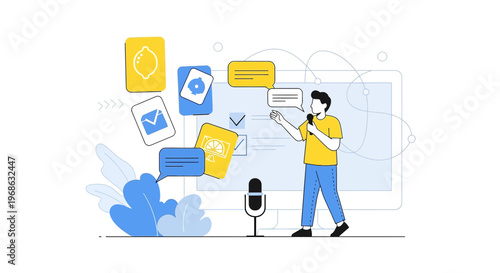 Man Presenting Ideas with Speech Bubbles and Digital Screen, Modern Flat Illustration