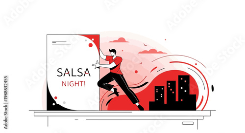 Man presenting Salsa Night event with city skyline background